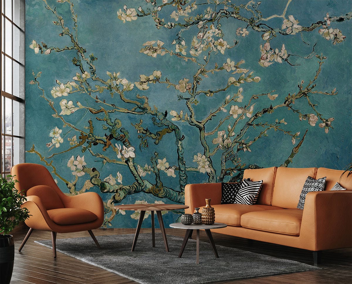 Vintage Pastel Blossoms wallpaper in teal, classic floral design with orange leather sofa, grey rug, wooden flooring.