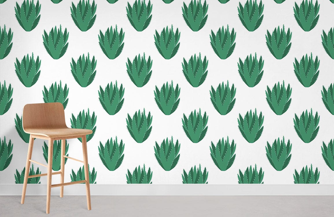 Fresh Green Leaf Pattern Wallpaper in modern room, featuring wooden chair and contemporary light flooring.