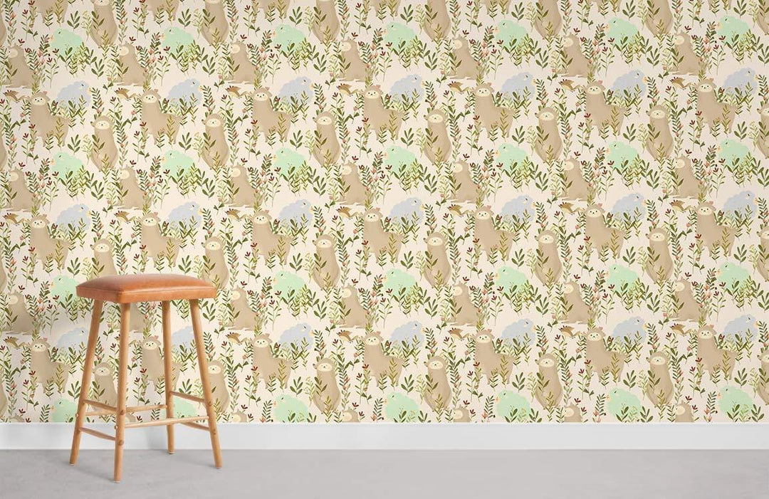Serene Woodland Animal Print Wallpaper with wooden stool; soft earthy nursery decor in modern style.