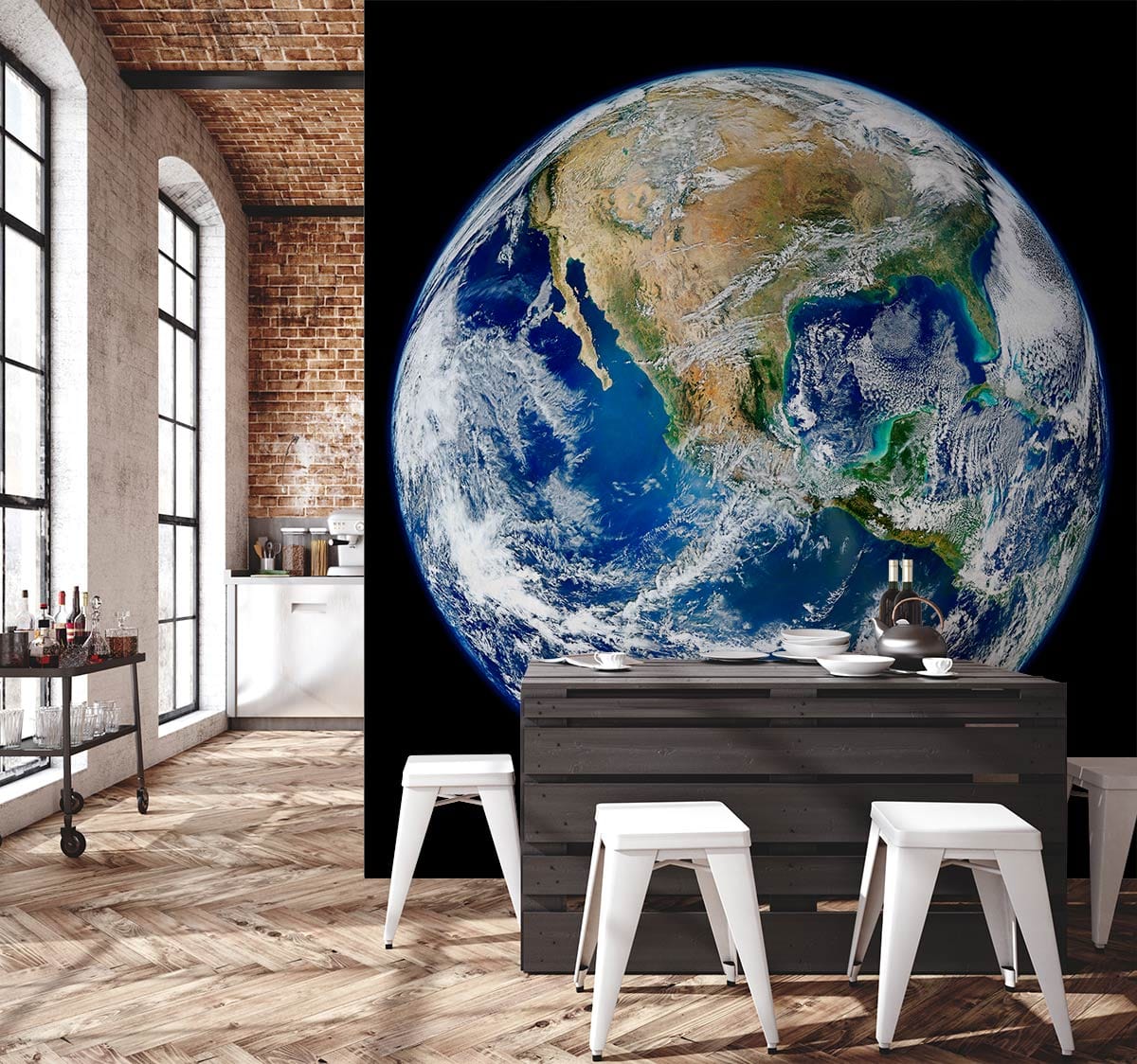 Earth from Space Mural Wallpaper, stylish dining area, brick wall, parquet flooring, modern industrial decor.