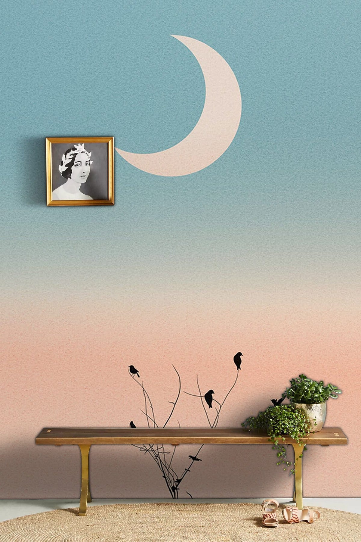 Serene Pastel Sunset Sky Wallpaper with Crescent Moon, bench, and decor in a modern living room.