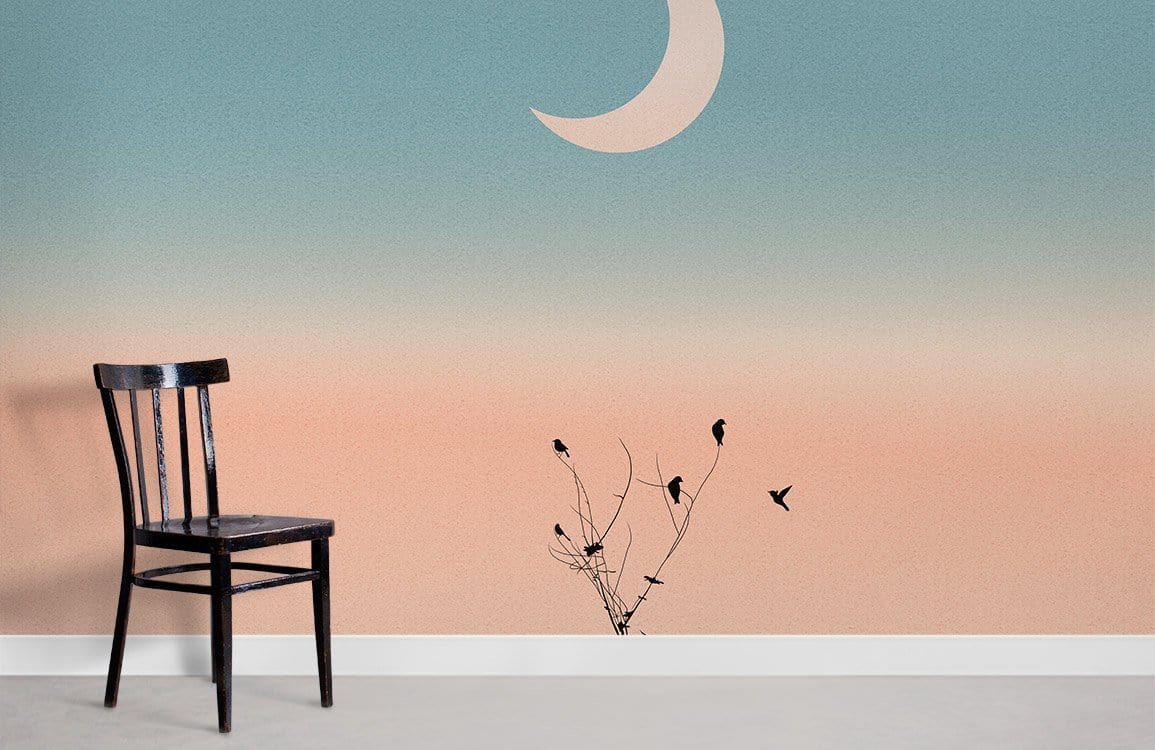 Serene Pastel Sunset Sky Wallpaper featuring crescent moon, birds, wooden chair, on grey floor.