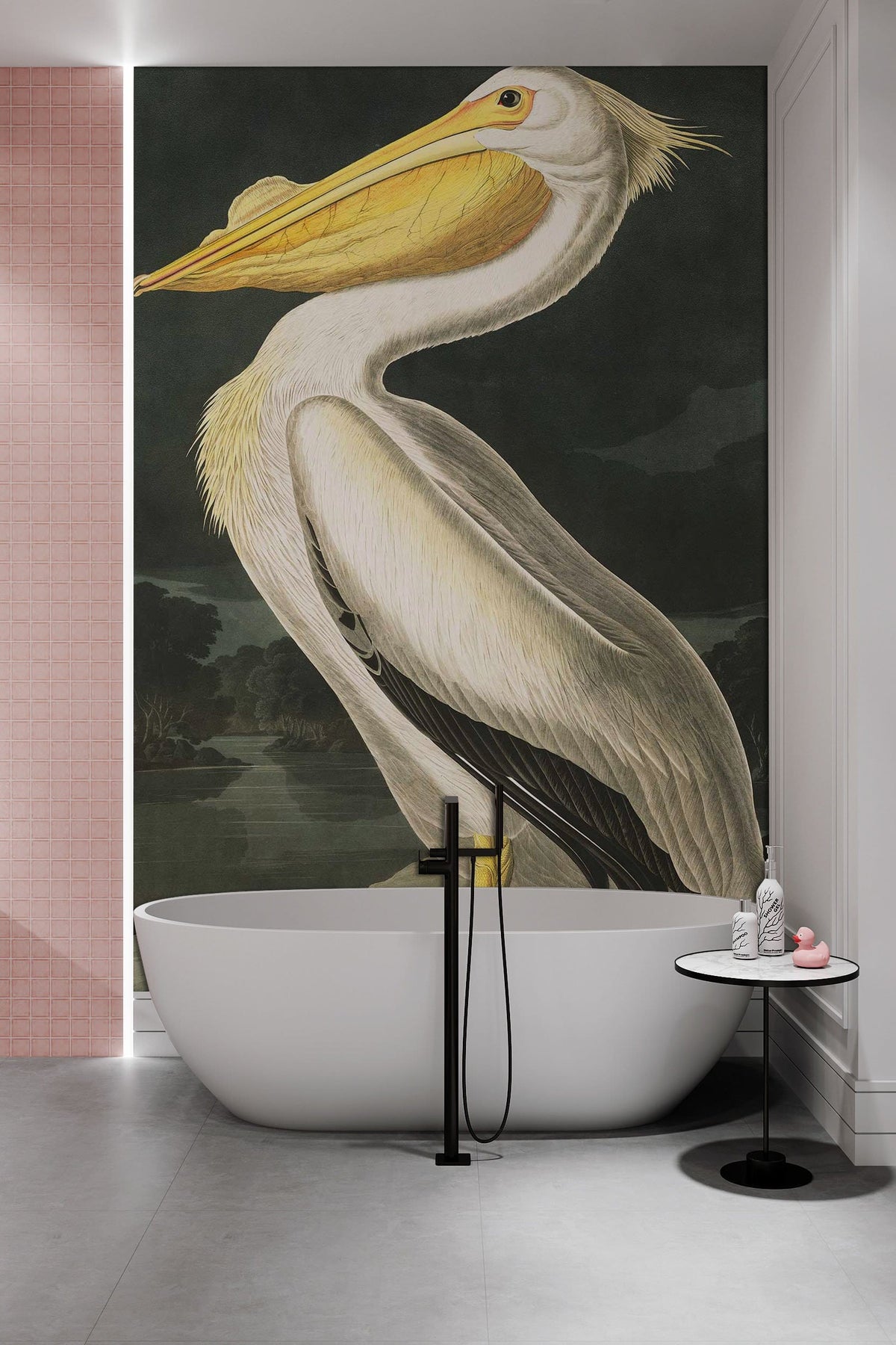 Elegant Vintage Pelican Mural Wallpaper in modern bathroom with freestanding bathtub and side table.