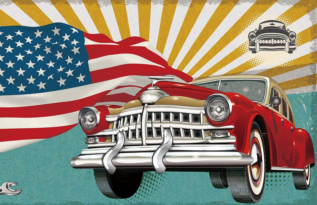 Vintage American Car and Flag Retro Mural Wallpaper - Bold Colours