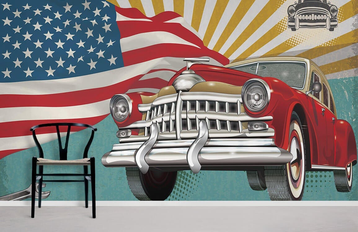 Vintage American car mural wallpaper, featuring bold colours, with a black chair on grey flooring.