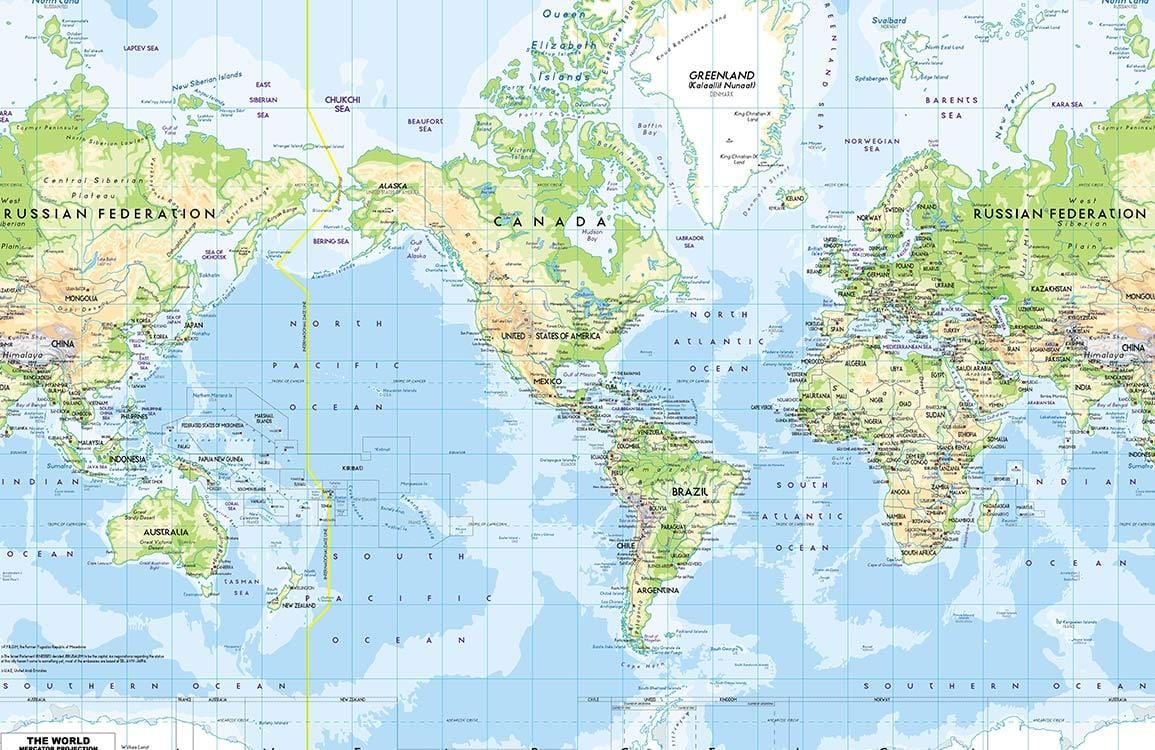 Vintage World Map Mural Wallpaper with Blue and Green Tones.