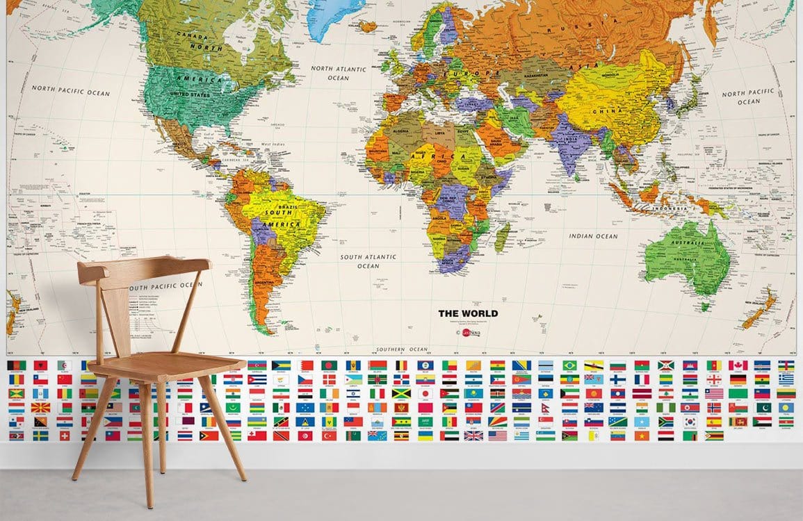 Detailed World Map Mural Wallpaper with chair, colourful map design, educational, geographic; white floor.