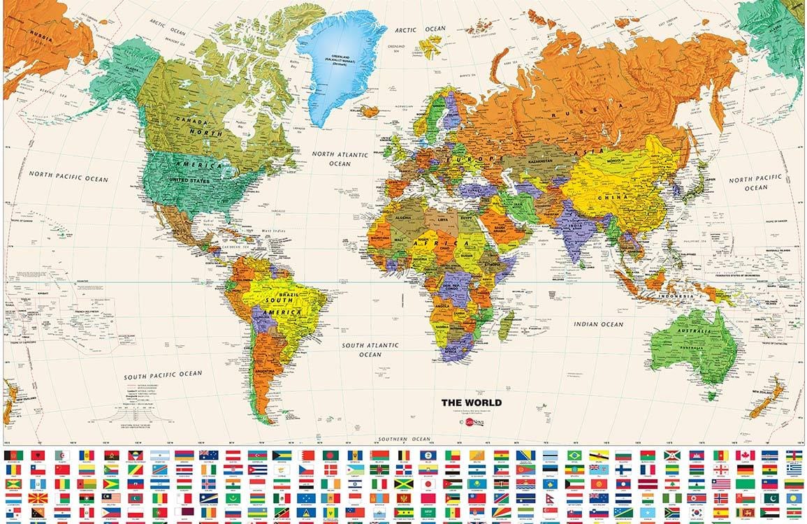 Detailed World Map Mural Wallpaper Full Colour Educational Geographic Design