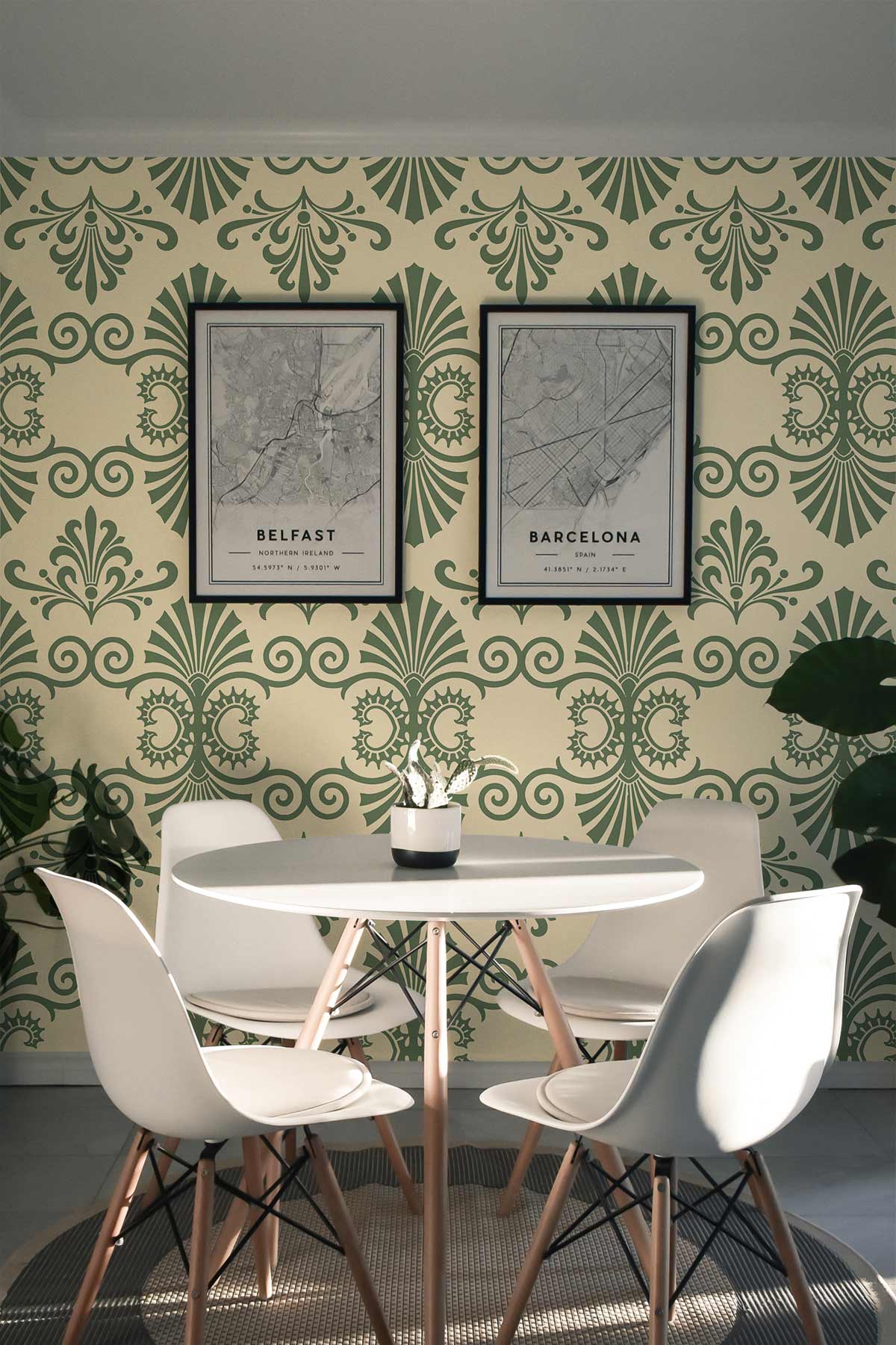 Elegant vintage green and beige damask wallpaper in dining room with modern white chairs and table.