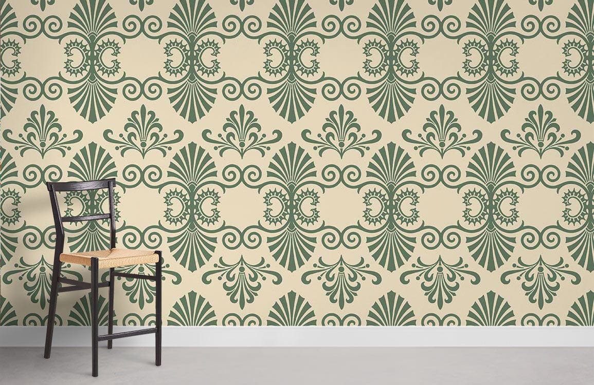 Elegant Vintage Green and Beige Damask Pattern Wallpaper with Wooden Chair, Timeless Decor Style.
