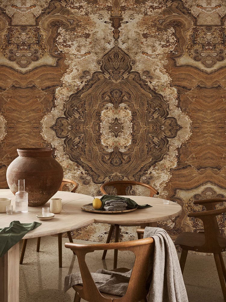Antique Earthy Brown Baroque Vintage Wallpaper complements wooden dining furniture in classic interior setting.