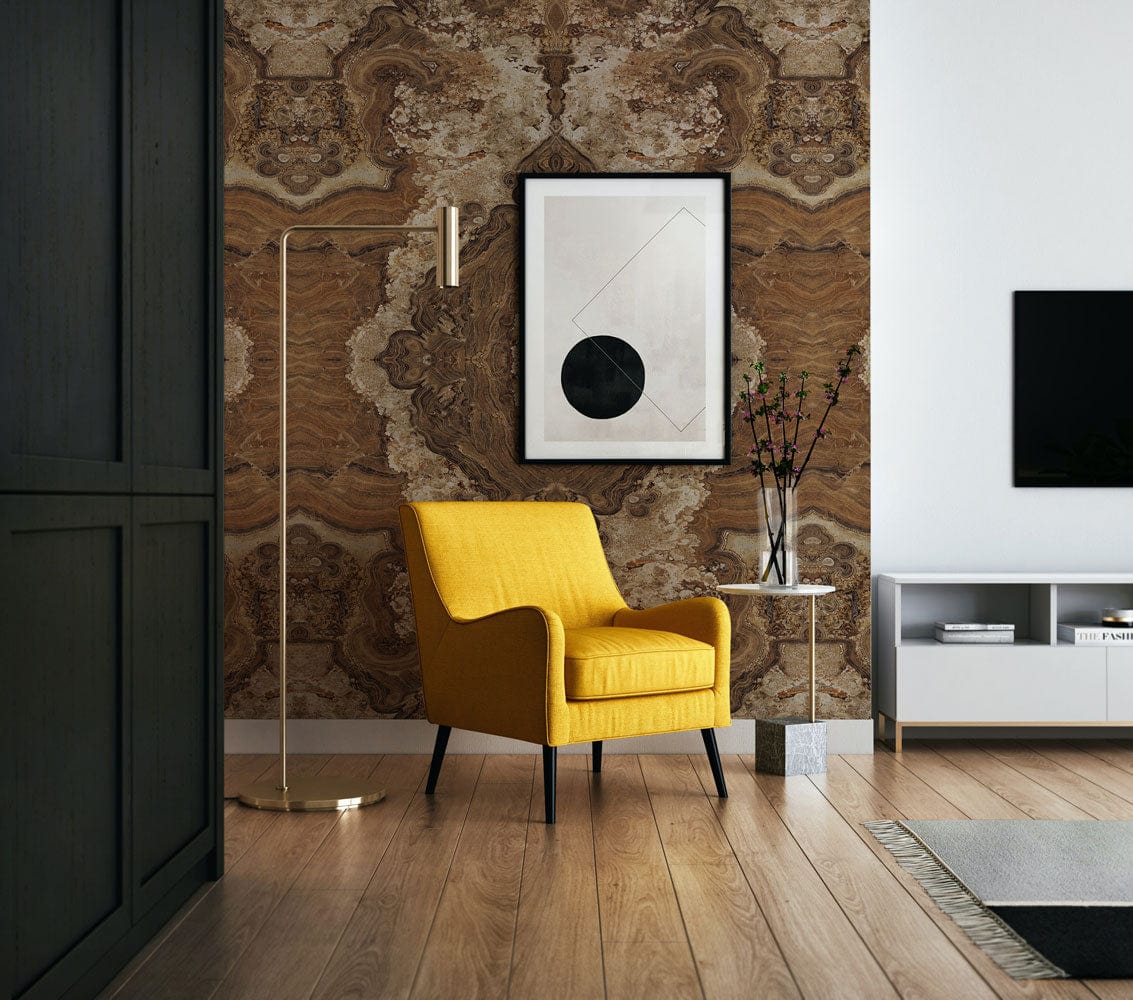 Antique earthy brown Baroque pattern wallpaper, yellow armchair, wood flooring, elegant living room decor.