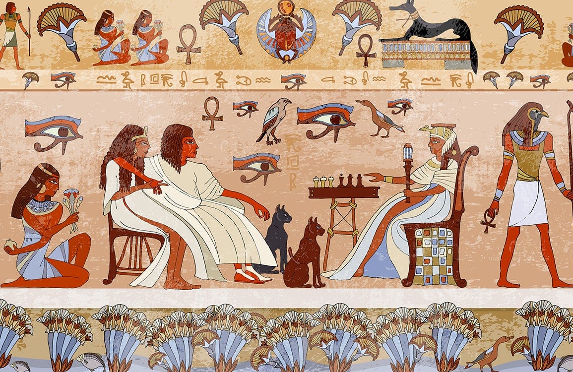 Ancient Egyptian Themed Mural Wallpaper with Hieroglyphs and Vibrant Colours Pattern