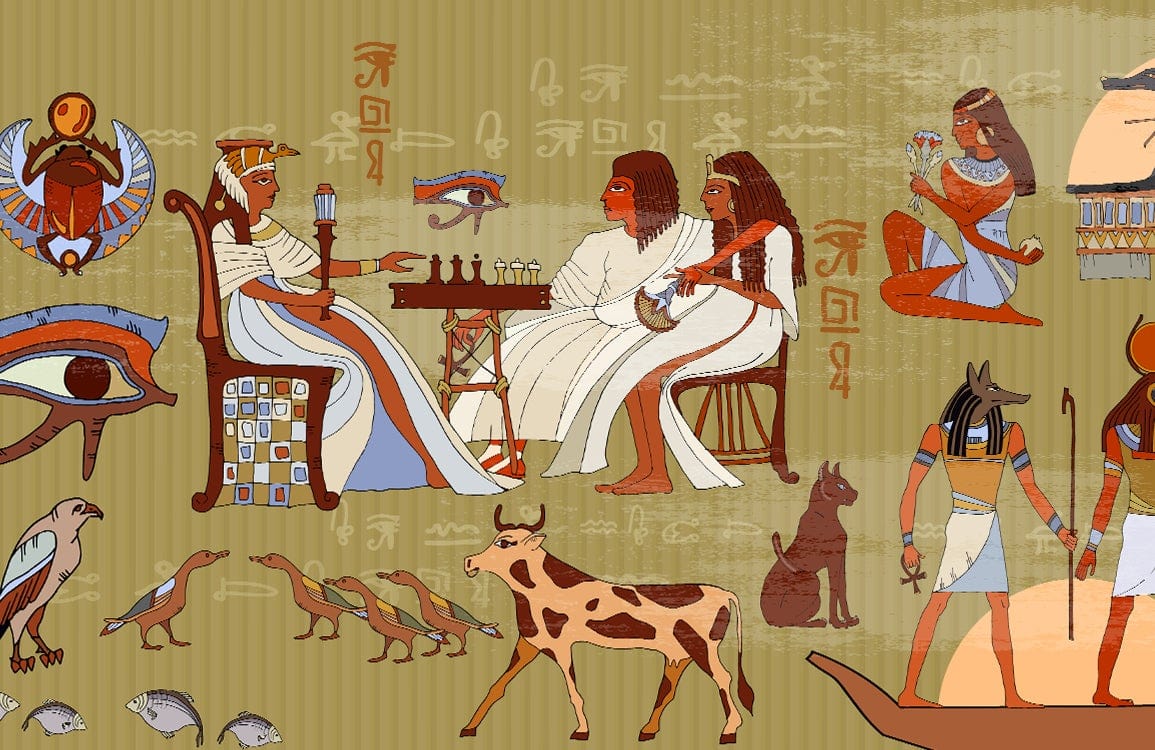 Ancient Egyptian Hieroglyphic Art Mural Wallpaper - Rich Earthy Tones Design