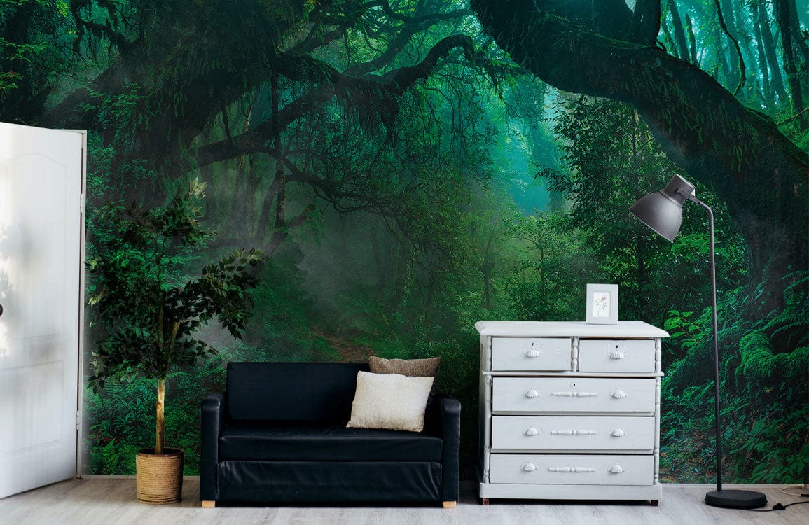 Enchanted Forest Green Mural Wallpaper: Mystical Path Through Lush ...