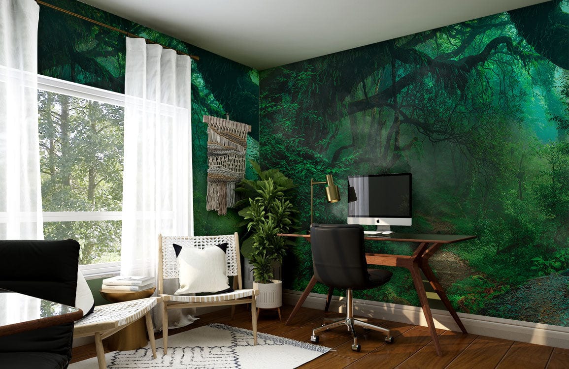 Enchanted Forest Green Mural Wallpaper adorns home office with wooden flooring and modern black chair.