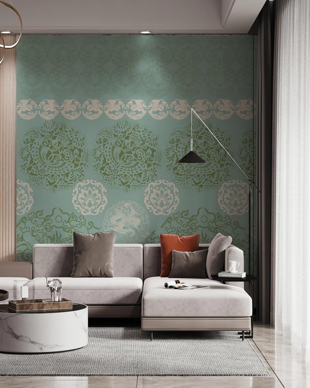 Elegant green vintage wallpaper with intricate designs in modern lounge, featuring grey sofa and marble flooring.