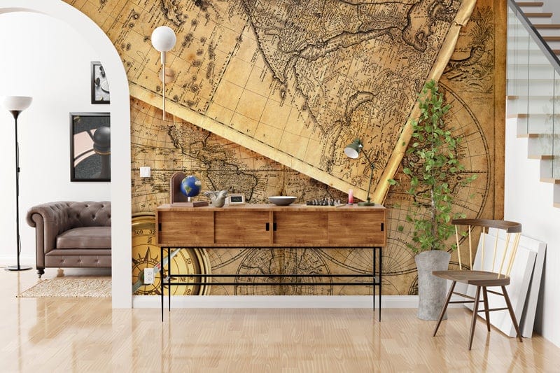Vintage World Map Wallpaper Mural; brown sofa; wooden sideboard; wooden flooring; modern artwork.