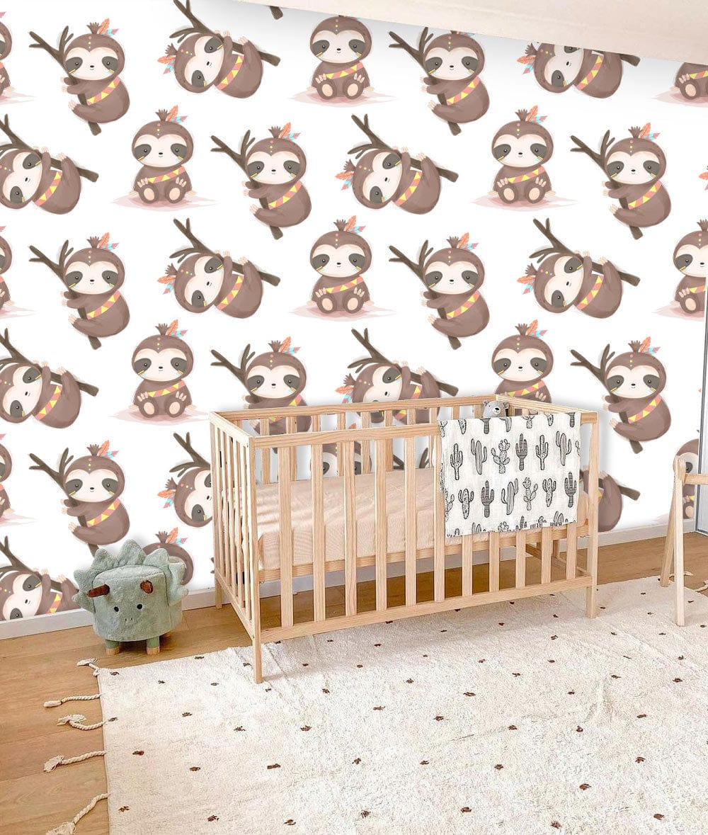 Adorable sloth and reindeer wallpaper, nursery crib, plush toy, wooden floor, cosy decor atmosphere.