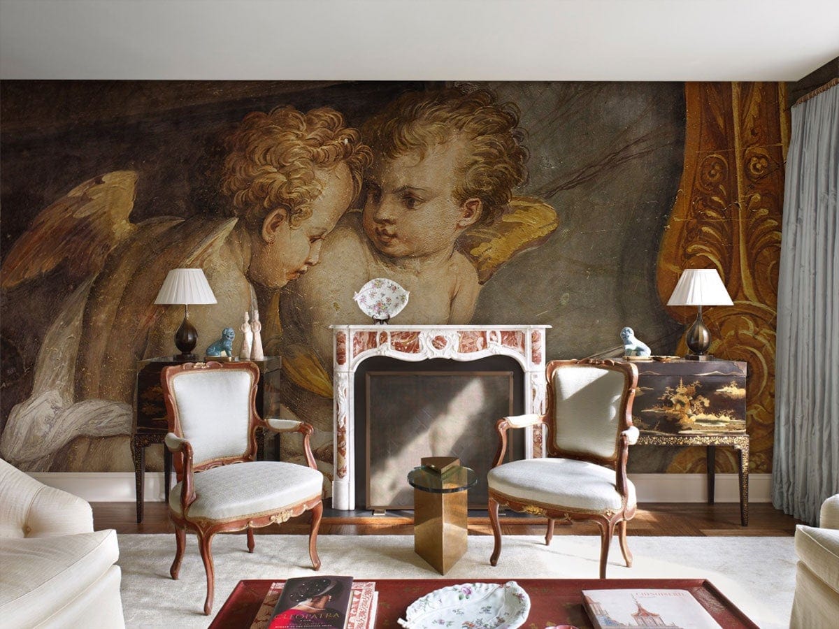 Antique Cherub Fresco mural wallpaper with Renaissance cherubs, classic armchairs, elegant fireplace, and table lamps.