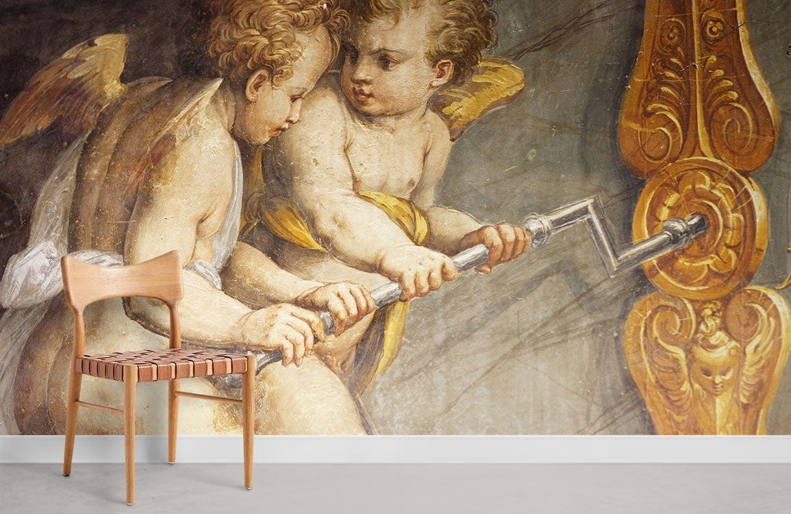 Antique cherub fresco mural wallpaper with vintage Renaissance design, wooden chair, grey carpet flooring.