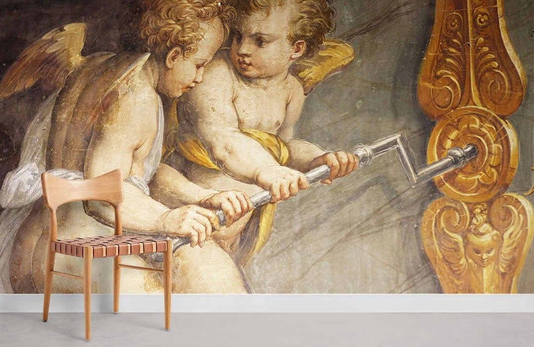 Antique cherub fresco mural wallpaper with vintage Renaissance design, wooden chair, grey carpet flooring.