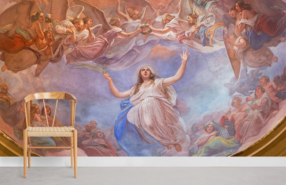 Celestial Renaissance Mural Wallpaper, Angelic Pastel Dreamscape, wooden chair, minimalist decor, grey flooring.