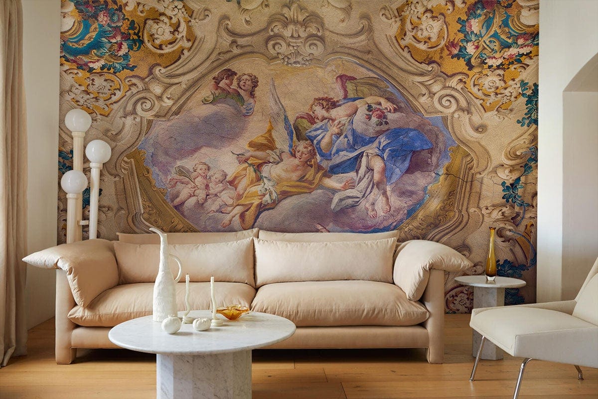 Luxurious mural wallpaper, beige sofa, marble table, contemporary white chair, hardwood flooring, elegant room design.