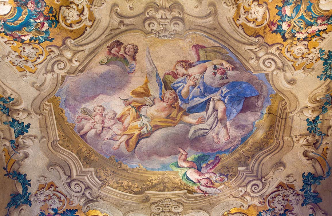 Baroque Angelic Mural Wallpaper: Luxurious Gold and Blue Heavenly Design