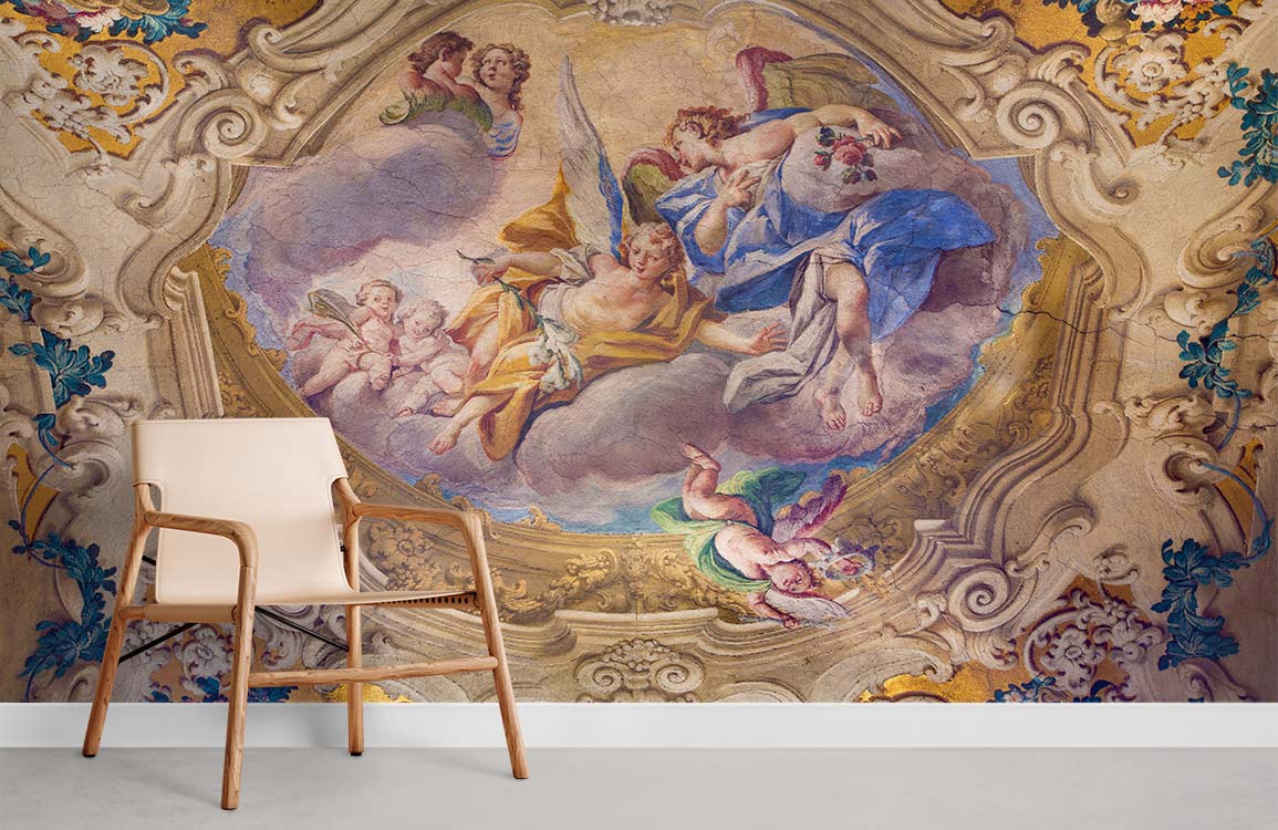 Baroque Angelic Mural Wallpaper with beige chair and neutral flooring in a classic room setting.