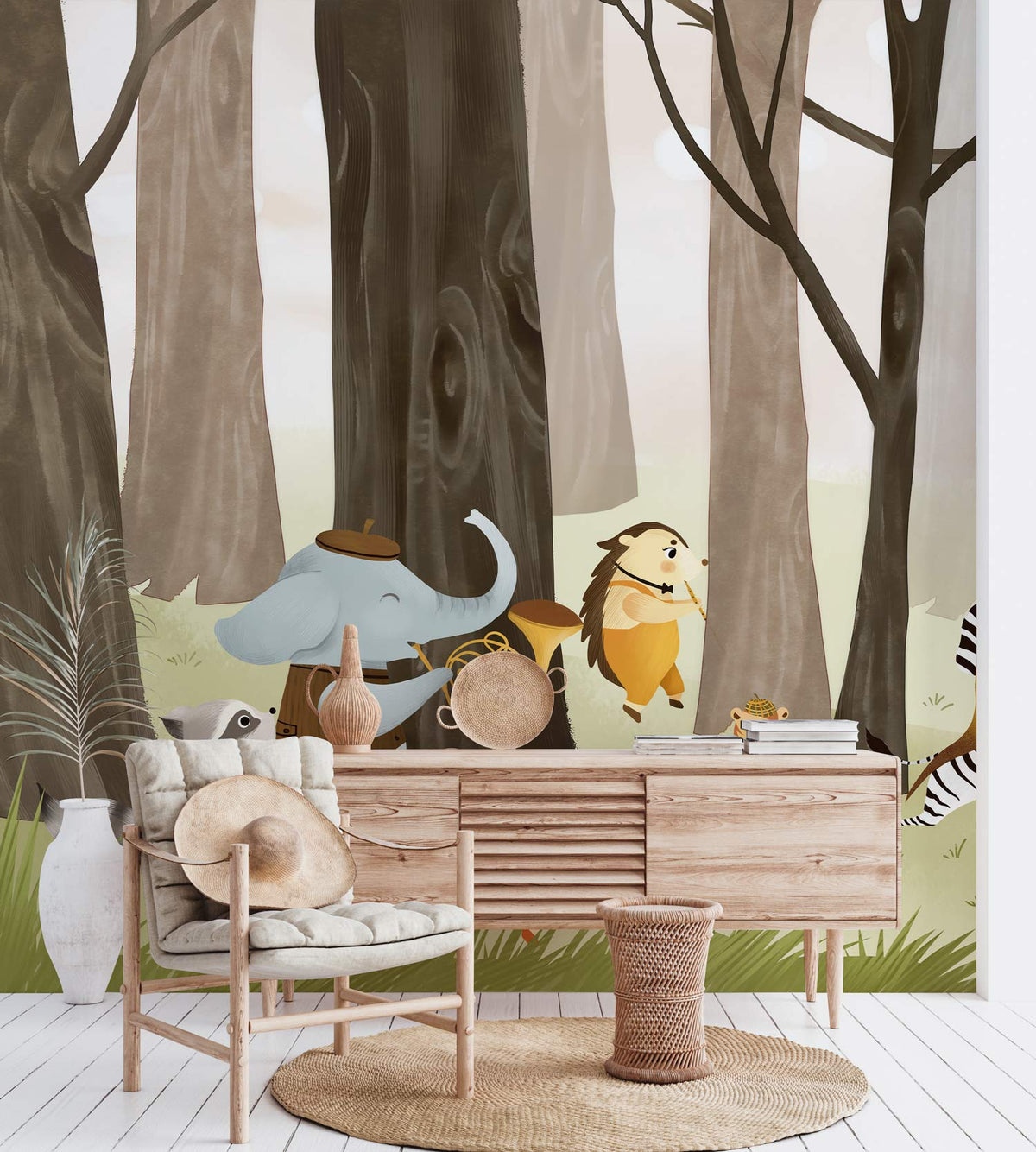 Whimsical Woodland Animal Orchestra Mural Wallpaper with wooden sideboard, cream chair, and rattan stool.