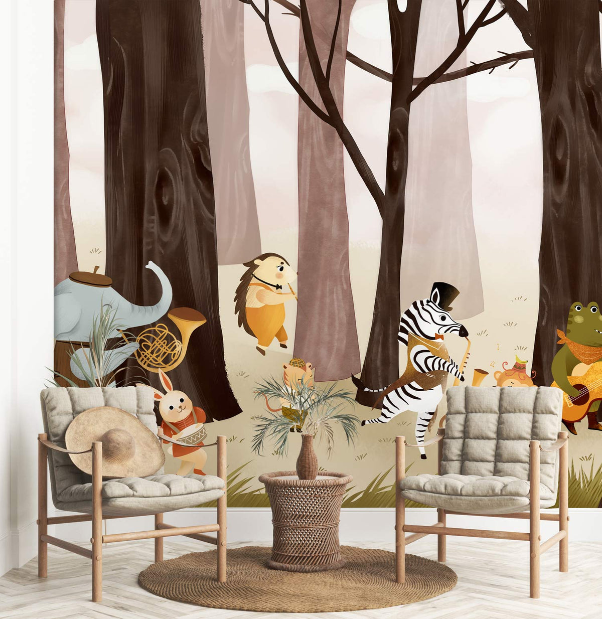 Enchanting woodland animals mural wallpaper in children's room with wooden chairs, beige cushions, round rug.