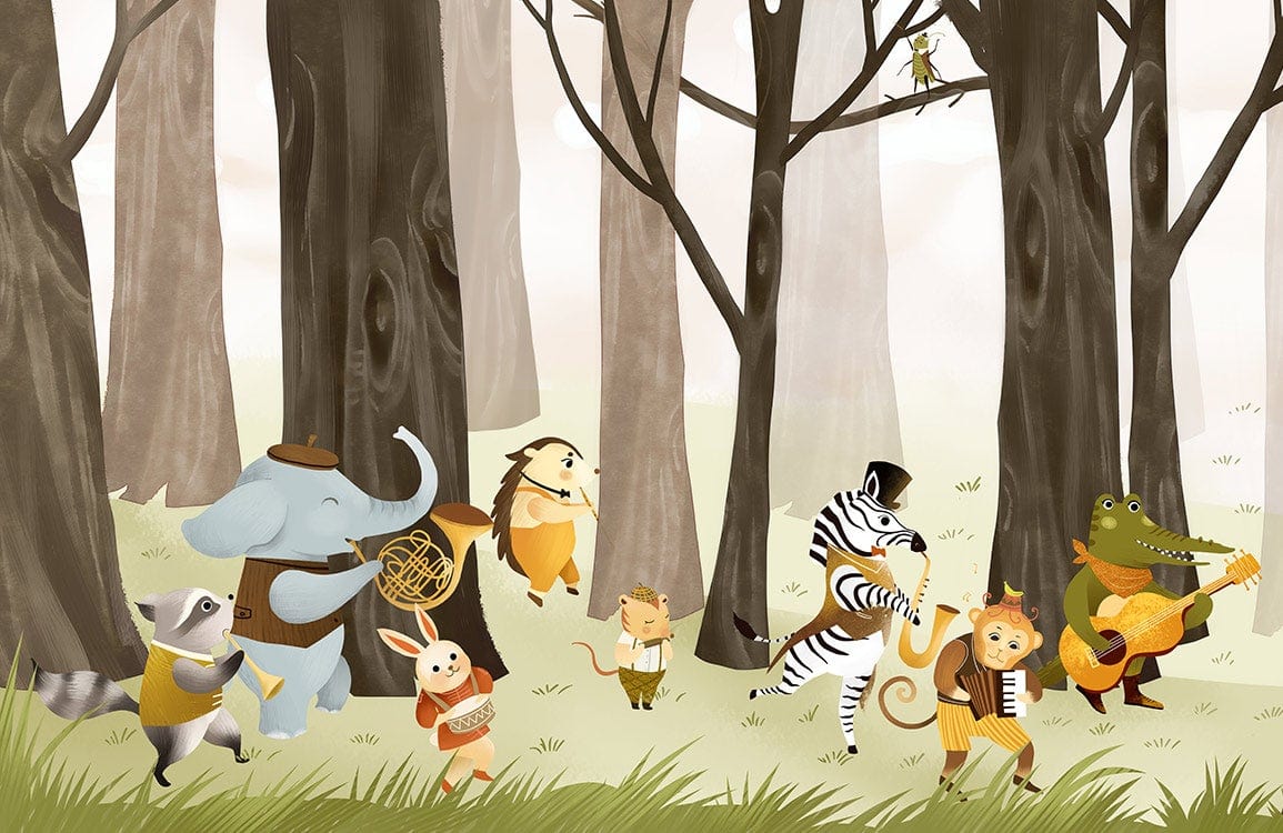 Whimsical Woodland Animal Orchestra Mural Wallpaper - Playful Brown Forest Scene