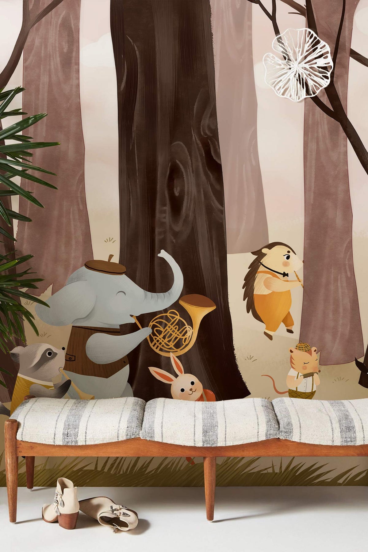 Enchanting mural wallpaper with woodland animals, bench seat, suitable for children's room decor.