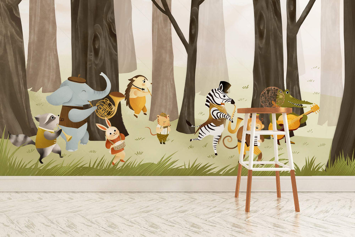 Whimsical woodland animal mural wallpaper; playful forest scene with stool, parquet flooring in children's room.