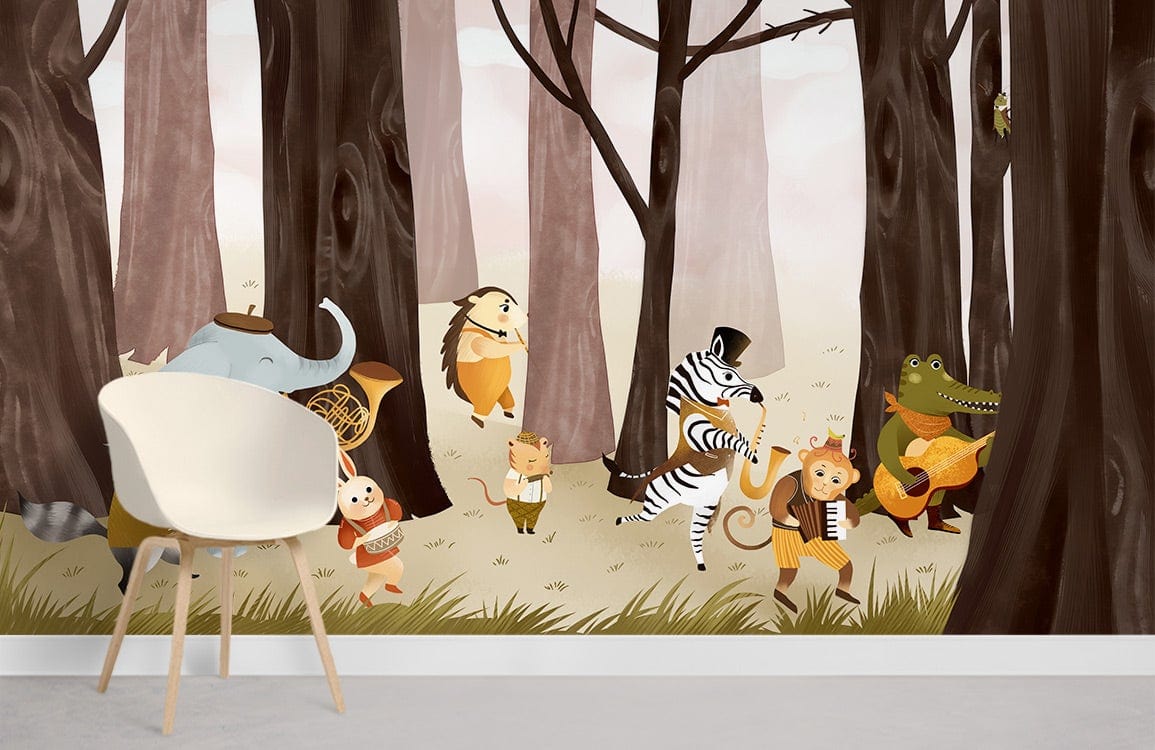 Enchanting children's mural wallpaper with musical woodland animals, white chair, grey flooring in nursery.