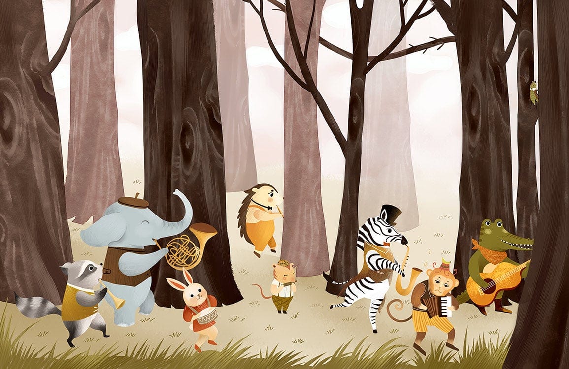 Enchanting Woodland Animals Musical Adventure Mural Wallpaper for Children's Room Decor