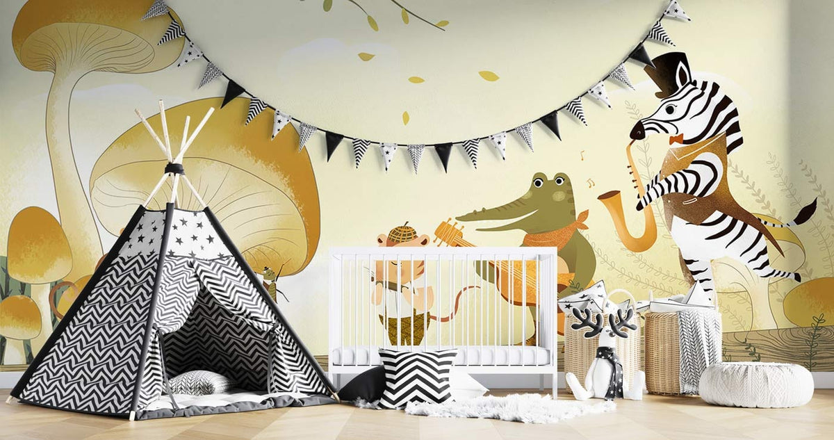 Whimsical Jungle Band mural with mushrooms, nursery decor, black and white teepee, wooden flooring.