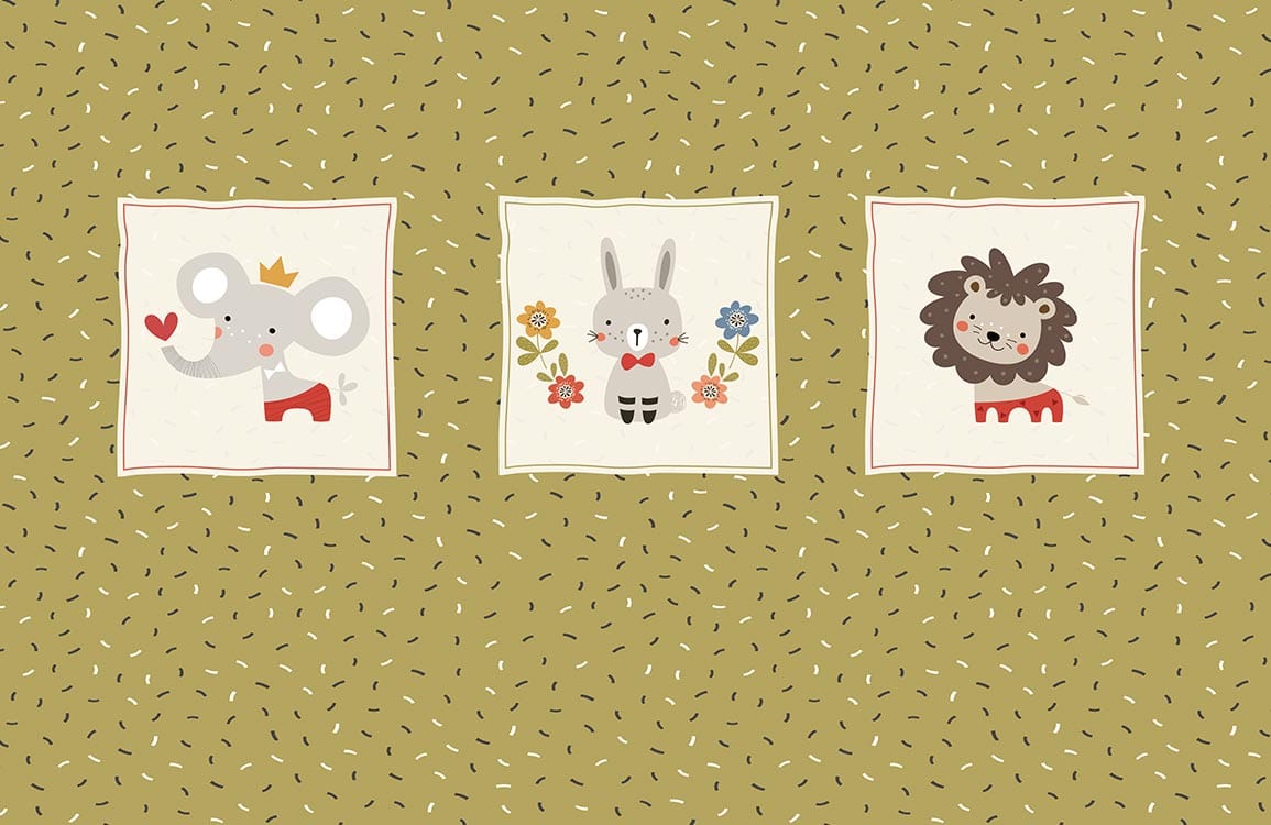 Cute Animal Safari Kids Mural Wallpaper in Olive Green Nursery Decor