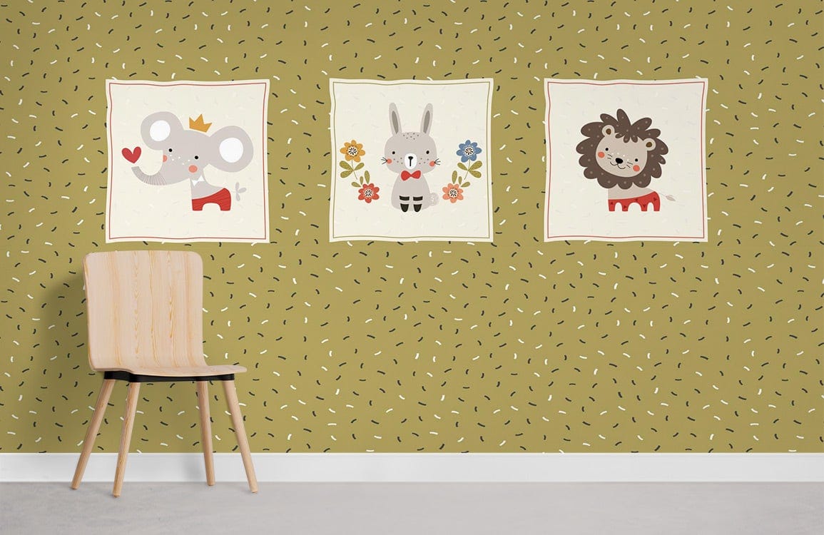 Olive green kids room with Cute Animal Safari mural wallpaper, wooden chair, and light grey floor.