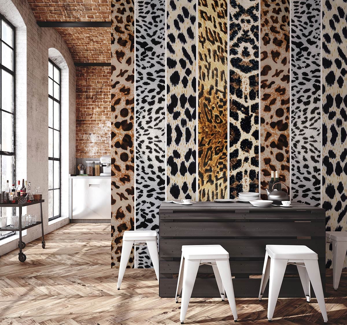 Exotic Animal Print Stripes Wallpaper in rustic dining room with brick walls, wooden flooring, white stools.