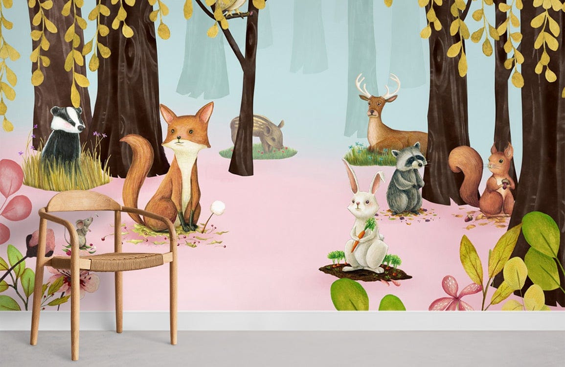 Whimsical woodland mural in pastel colours. Includes fox, deer, bunny, raccoon, with wooden chair, white floor.