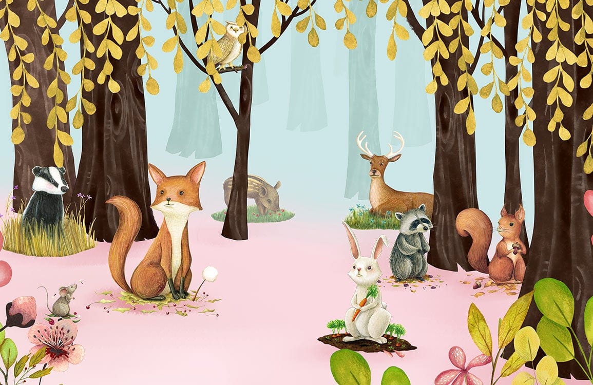 Whimsical Woodland Creatures Mural Wallpaper in Soft Pastel Colours Forest Scene