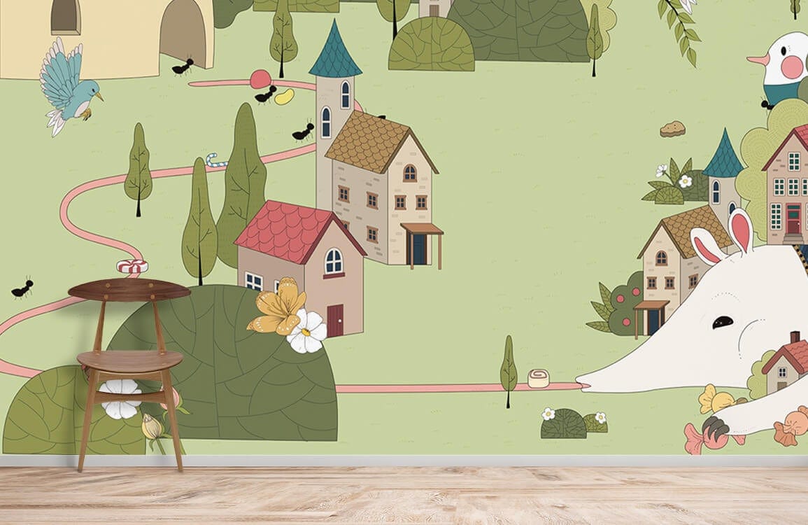 Whimsical Village Green wallpaper with playful animals, birds, minimalist furniture, and wooden flooring in playroom.