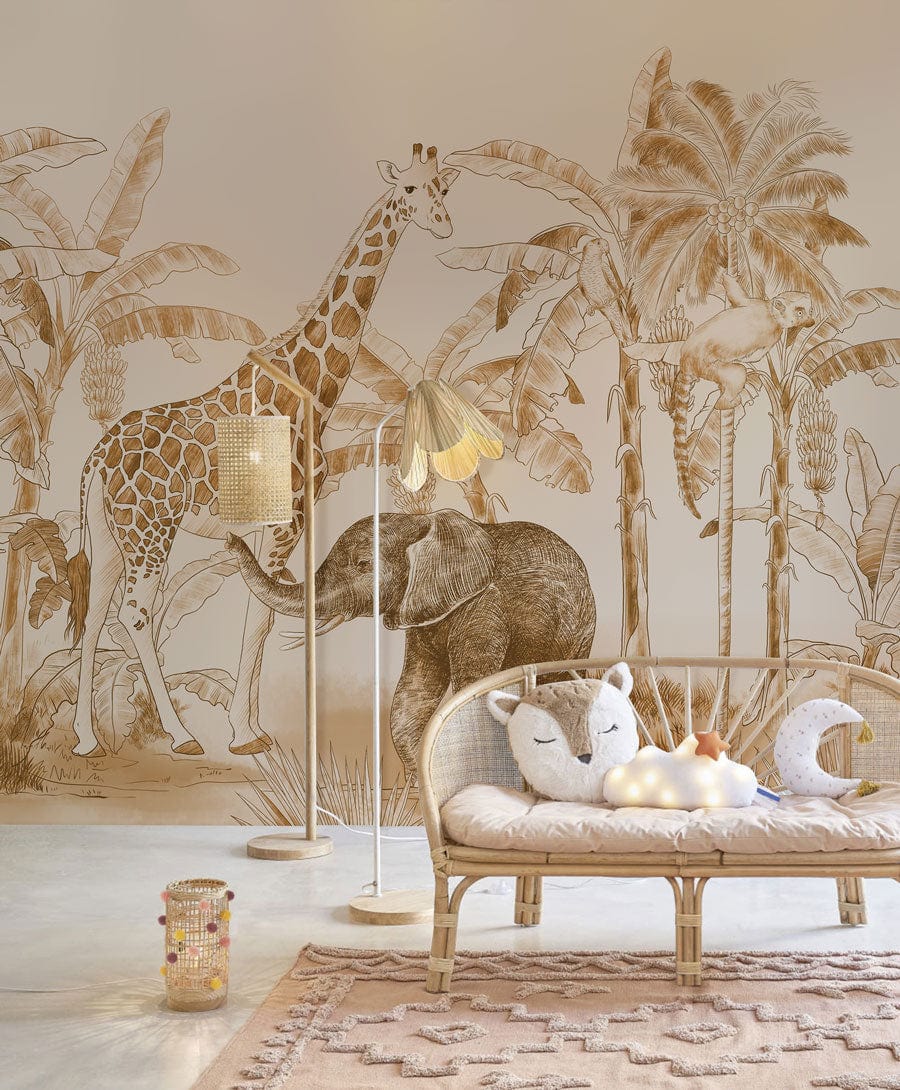 Safari Jungle mural wallpaper with wildlife animals, beige sofa, and botanical decor in nursery room.