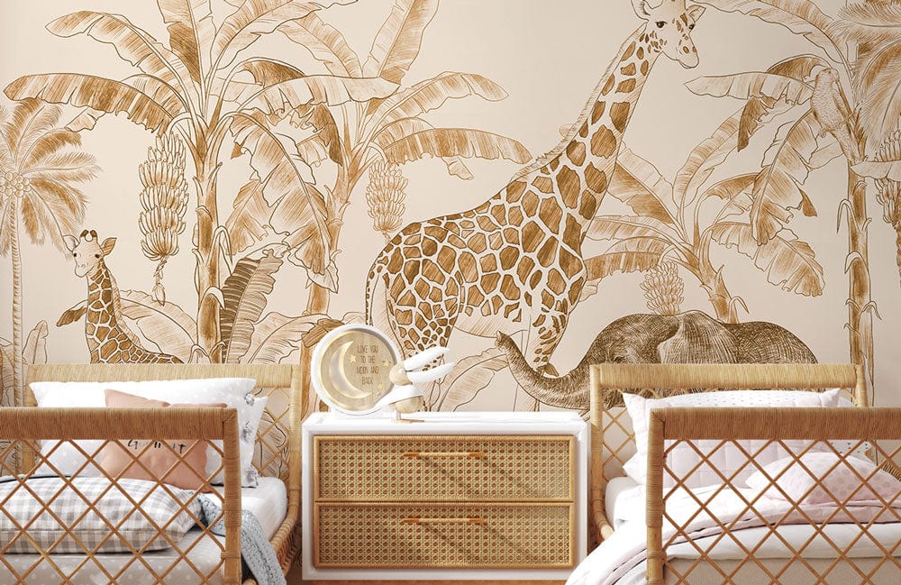 Safari Jungle Beige Sepia Botanical Mural Wallpaper, giraffe design, rattan furniture, kids' bedroom decor.