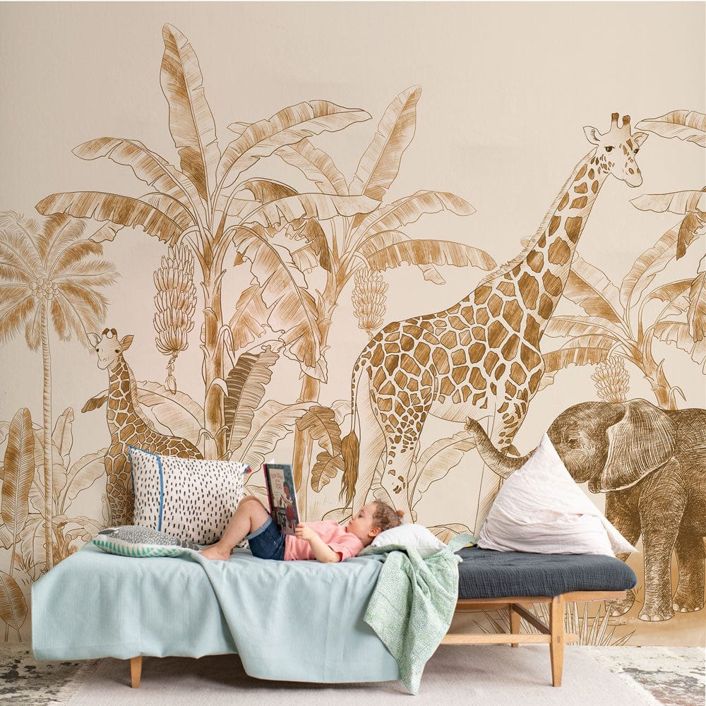 Safari jungle botanical wallpaper mural in beige sepia featuring wildlife; cream sofa; child lounging.