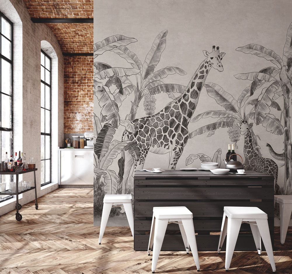 Vintage Safari Monochrome Wallpaper with giraffes, palms in rustic kitchen, brick walls, wooden parquet floor.