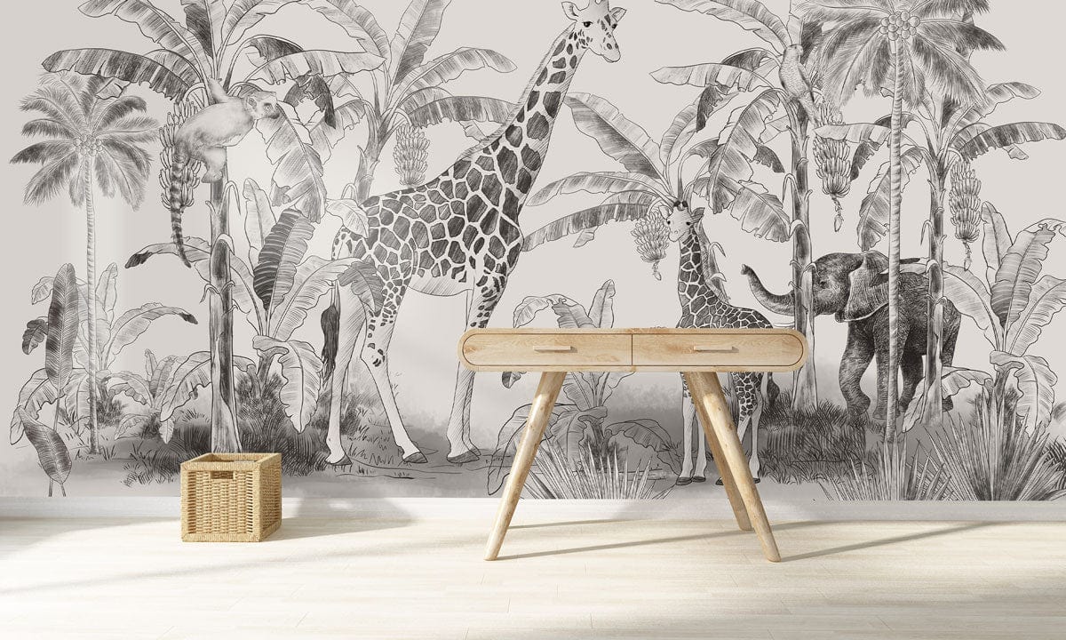 Vintage safari jungle mural wallpaper featuring giraffes, palms; wooden desk, wicker basket; light flooring.