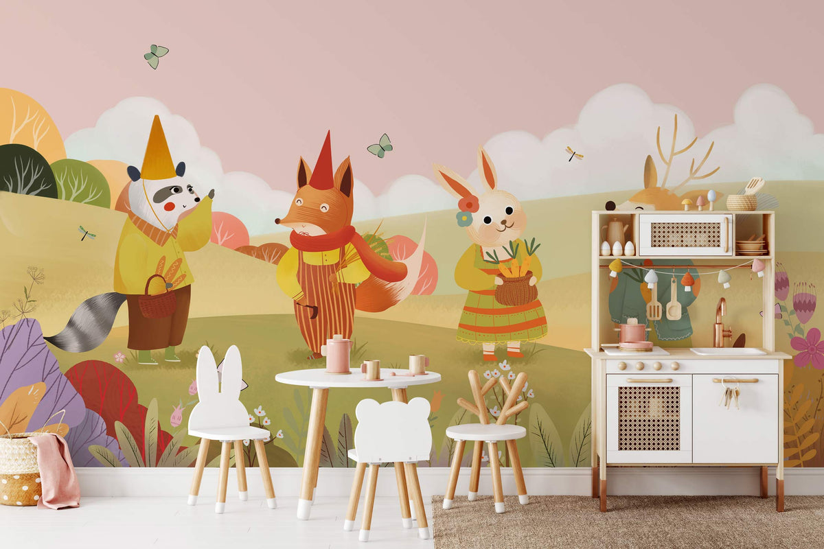 Whimsical animal mural wallpaper in children's room with pastel colours, toy kitchen, and wooden chairs.